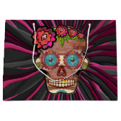 彫られた木製のルック砂糖スカルとフローラクラウン ラージペーパーバッグ (正面)