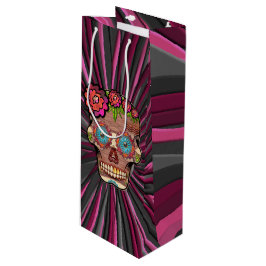 彫られた木製のルック砂糖スカルとフローラクラウン ワインギフトバッグ