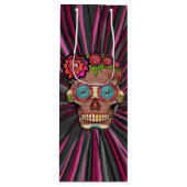 彫られた木製のルック砂糖スカルとフローラクラウン ワインギフトバッグ (正面)