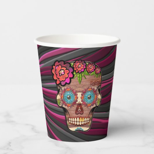 彫られた木製のルック砂糖スカルとフローラクラウン 紙コップ (裏面)