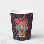 彫られた木製のルック砂糖スカルとフローラクラウン 紙コップ (正面)