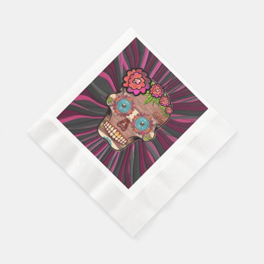 彫られた木製のルック砂糖スカルとフローラクラウン 縁ありランチョンナプキン (角)