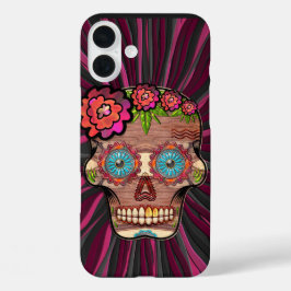 彫られた木製のルック砂糖スカルとフローラクラウン iPhone 16 PLUSケース