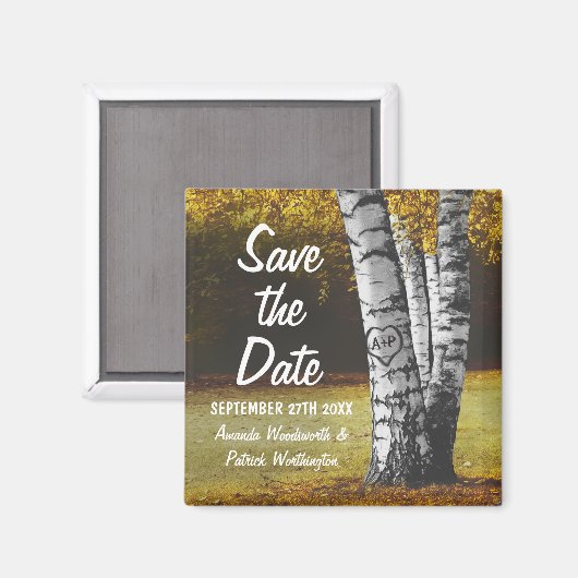 彫られた秋樺の木ツリー結婚式の日付を保存 マグネット (正面/裏面)