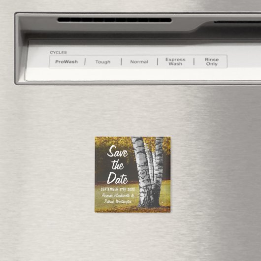 彫られた秋樺の木ツリー結婚式の日付を保存 マグネット (インサイチュ (食洗機))