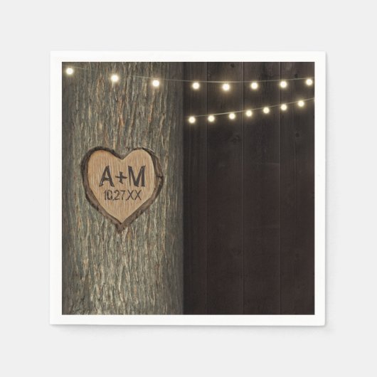 彫りイニシャルオールドオーク結婚ツリーのナプキン スタンダードカクテルナプキン (正面)