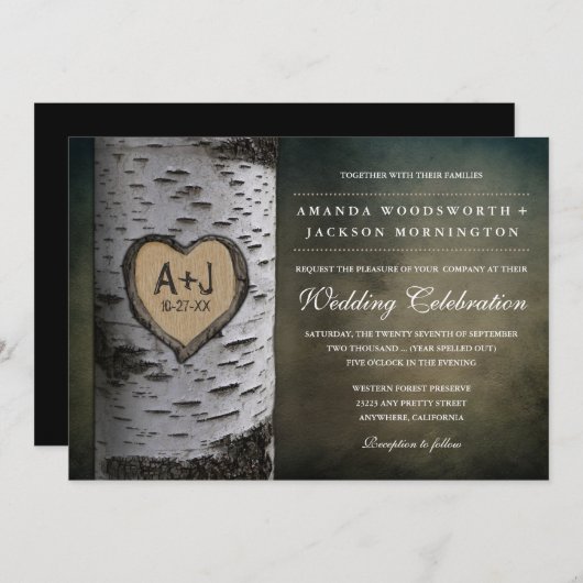 彫りイニシャル樺の木ツリー結婚式招待状 招待状 (正面/裏面)