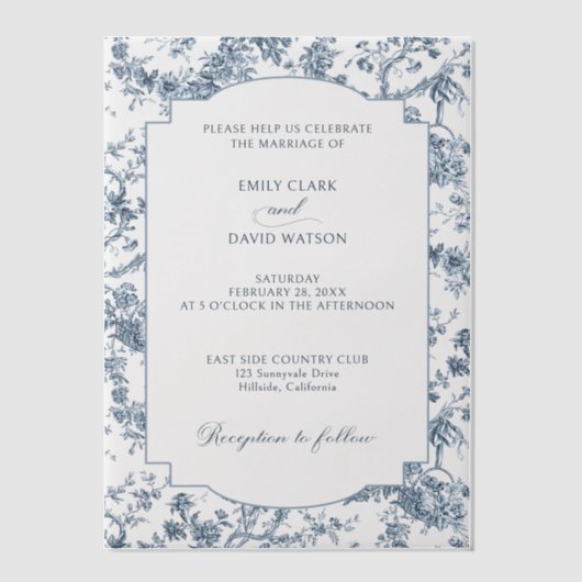 彫りエレガント込みフランスの青フローラトイル ベラム紙招待状 (正面)