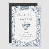 彫りエレガント込みフランスの青フローラトイル マグネット招待状 (正面/裏面)