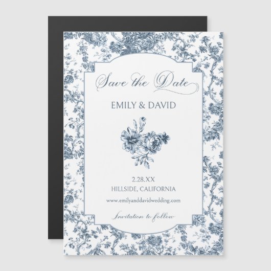 彫りエレガント込みフランスの青フローラトイル マグネット招待状 (正面/裏面)