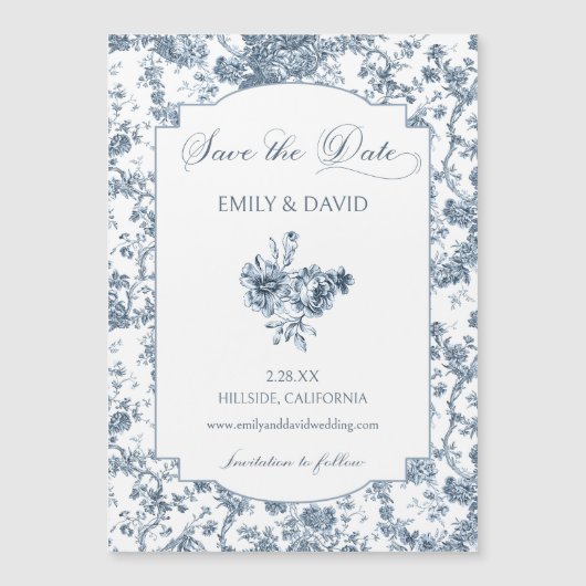 彫りエレガント込みフランスの青フローラトイル マグネット招待状 (正面)