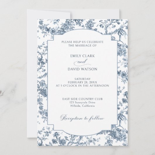 彫りエレガント込みフランスの青フローラトイル 招待状 (正面)