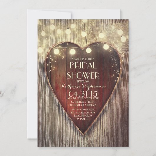 彫りハートのストリングライト木製ブライダルシャワー 招待状 (正面)