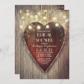 彫りハートのストリングライト木製ブライダルシャワー 招待状 (正面/裏面)