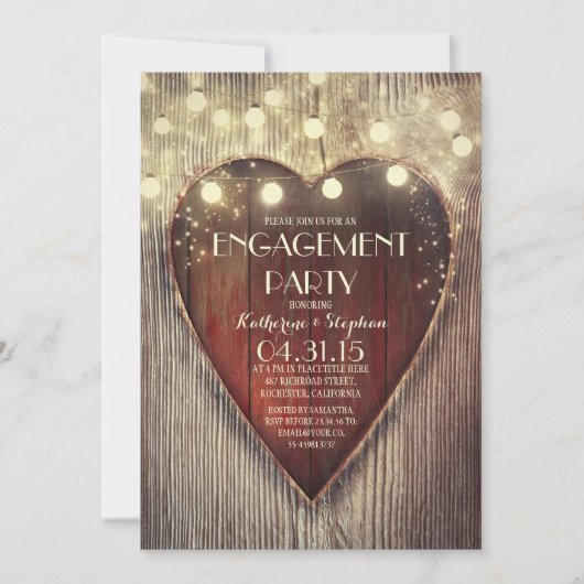 彫りハートのストリングライト木製婚約パーティ 招待状 (正面)