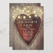 彫りハートのストリングライト木製婚約パーティ 招待状 (正面/裏面)