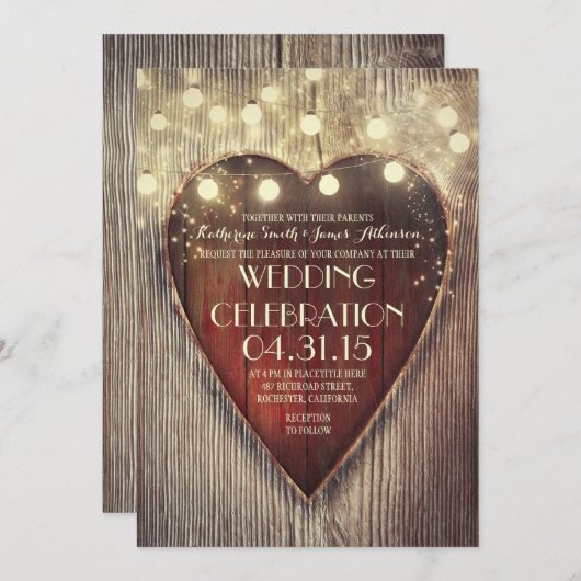 彫りハートの灯り木製の結婚式 招待状 (正面/裏面)