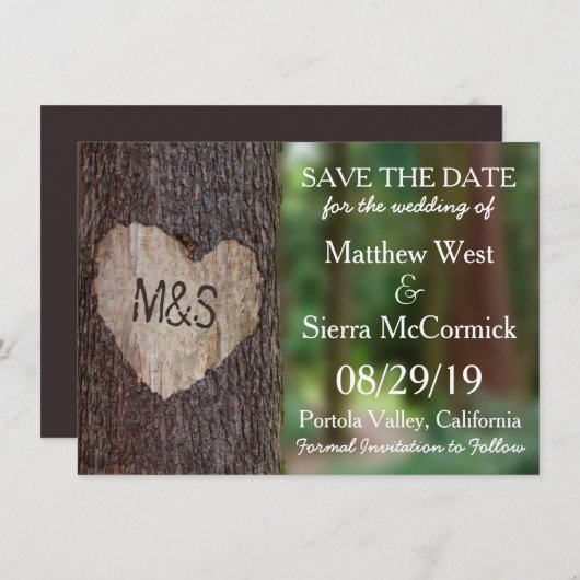 彫りハートツリー結婚式の日付を保存 セーブザデート (正面/裏面)
