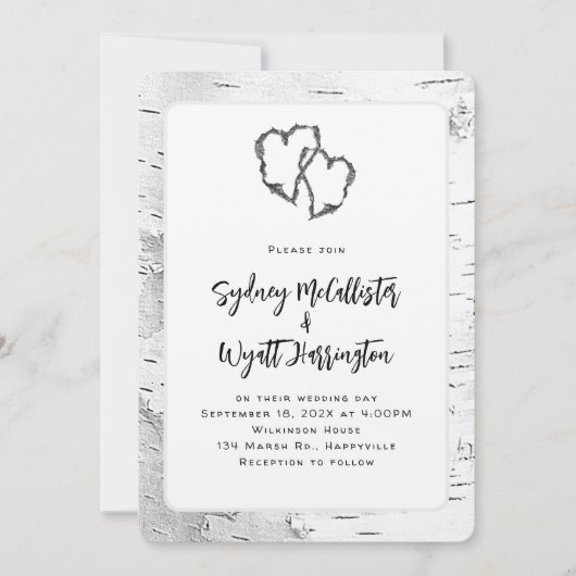 彫りハートホワイト樺の木ツリー結婚ズ 招待状 (正面)