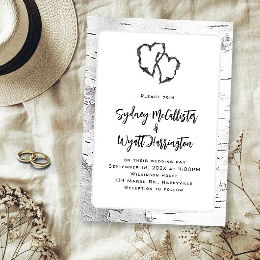 彫りハートホワイト樺の木ツリー結婚ズ 招待状