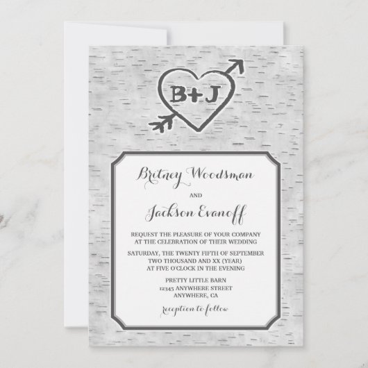 彫りハート樺の木木の樹皮結婚式招待状 招待状 (正面)