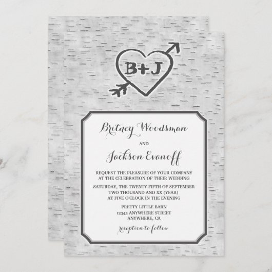 彫りハート樺の木木の樹皮結婚式招待状 招待状 (正面/裏面)