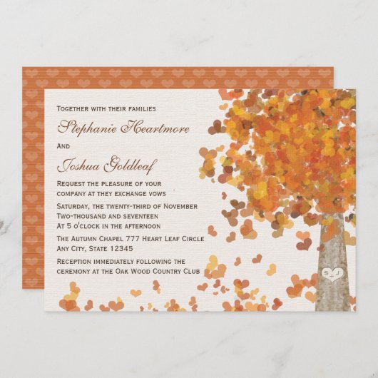 彫り木イニシャル秋の結婚式招待状 招待状 (正面/裏面)