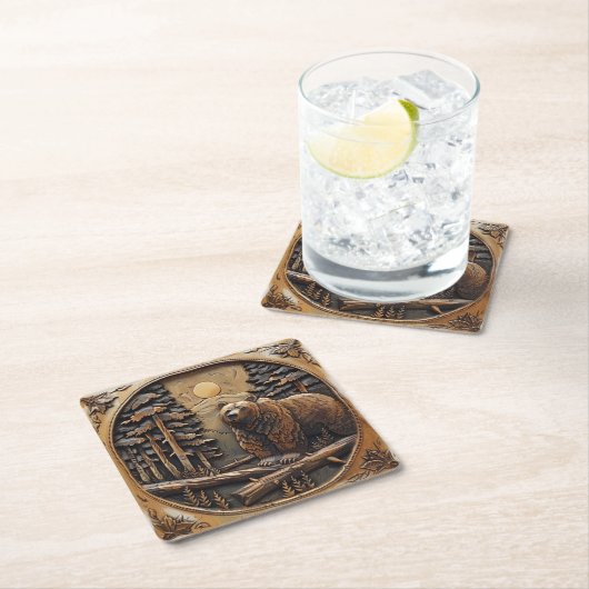 彫り木熊満月松林 スクエアペーパーコースター (インサイチュ)