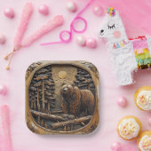 彫り木熊満月松林 ペーパープレート (パーティー)