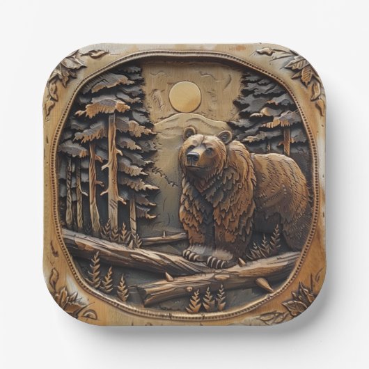 彫り木熊満月松林 ペーパープレート (正面)