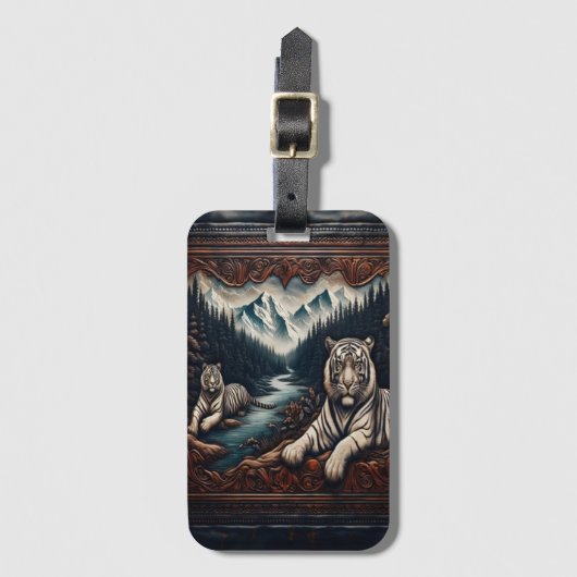 彫り枠の中の白い虎 ラゲッジタグ (正面縦)