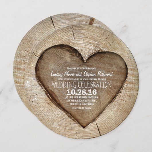 彫り素朴木材ハート結婚式招待状 招待状 (正面/裏面)