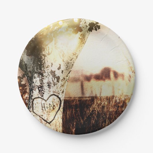 彫り素朴木&ストリングライツカントリーウェディング ペーパープレート (正面)