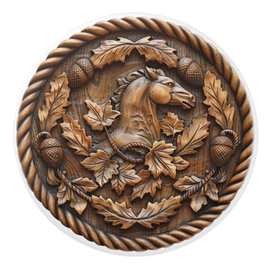 彫り馬ロープアコルンオーク葉材 セラミックノブ (正面)