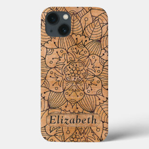 彫パーソナライズされた刻された木材フローラ曼荼羅 iPhone 13ケース