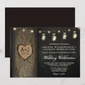 彫刻されたイニシャルが入った瓶 オークの木 ウェディング 招待状 (正面/裏面)