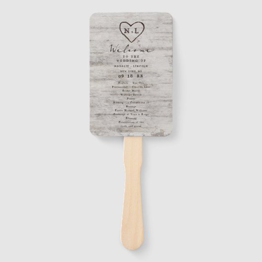 彫刻されたスウィート素朴ア結婚ーツの式プログラム ハンドファン (正面)