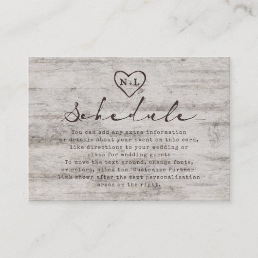 彫刻されたスウィート素朴樺の木結婚のスケジュール エンクロージャーカード (正面)