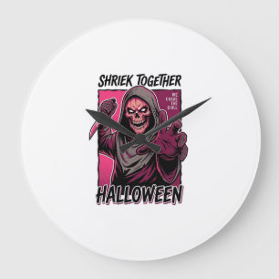 彫刻されたスレシャ―のハロウィンアートがプリントされたヴィンテージホラーTシャツ ラージ壁時計