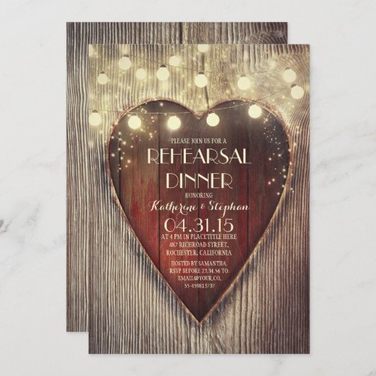 彫刻されたハートストリングライト木製リハーサル夕食会 招待状 (正面/裏面)