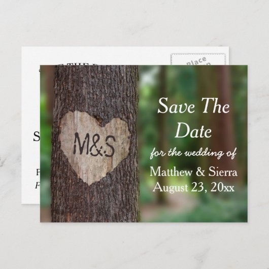 彫刻されたハートツリーイニシャルは日付を保存結婚する 案内ポストカード (正面/裏面)