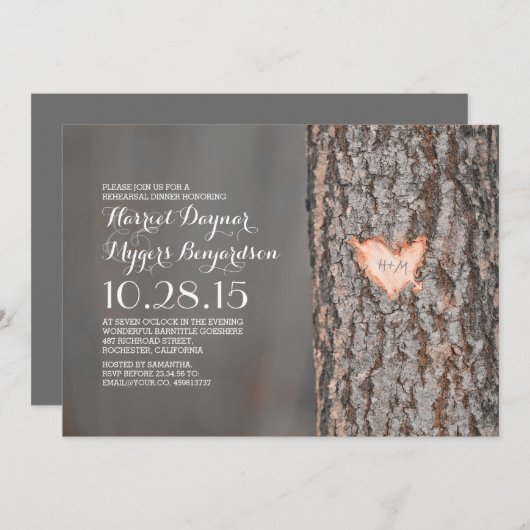 彫刻されたハートツリー素朴な国のリハーサル夕食 招待状 (正面/裏面)