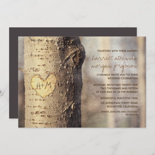 彫刻されたハートツリー素朴な結婚式招待状 招待状 (正面/裏面)