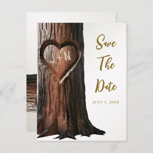 彫刻されたハートツリー素朴スタンプ日付Annoを保存 案内ポストカード (正面/裏面)