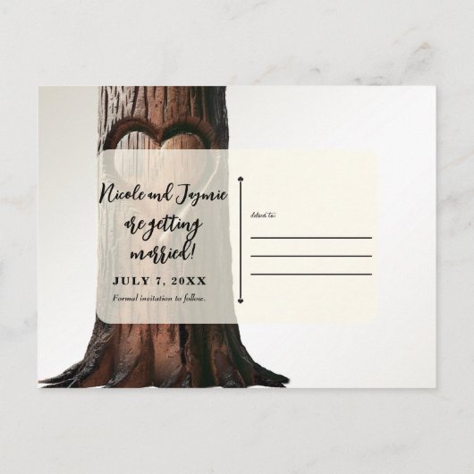 彫刻されたハートツリー素朴スタンプ日付Annoを保存 案内ポストカード (裏面)