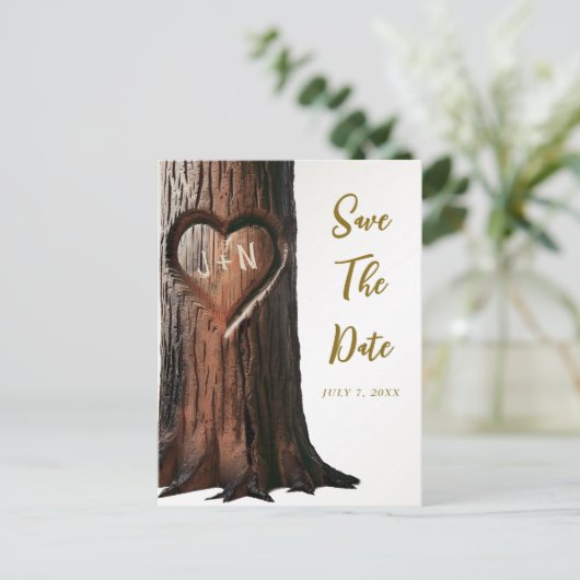 彫刻されたハートツリー素朴スタンプ日付Annoを保存 案内ポストカード (スタンド正面)