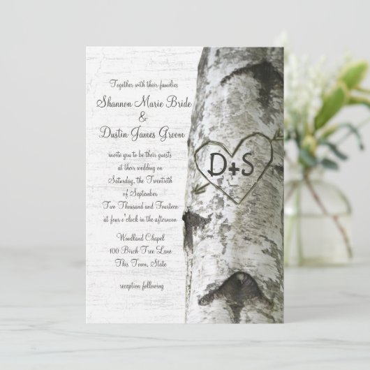 彫刻されたハート樺の木結婚ツリー 招待状 (スタンド正面)