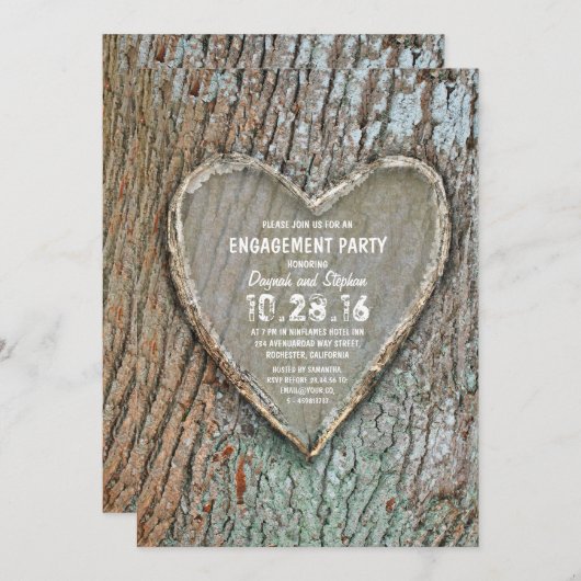 彫刻されたハート素朴なカントリーの木の婚約パーティ 招待状 (正面/裏面)
