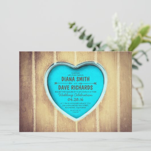 彫刻されたハート素朴な木材結婚式招待状 招待状 (スタンド正面)
