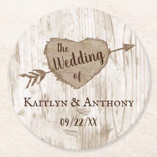 彫刻されたハート結婚のコレクション ラウンドペーパーコースター (正面)